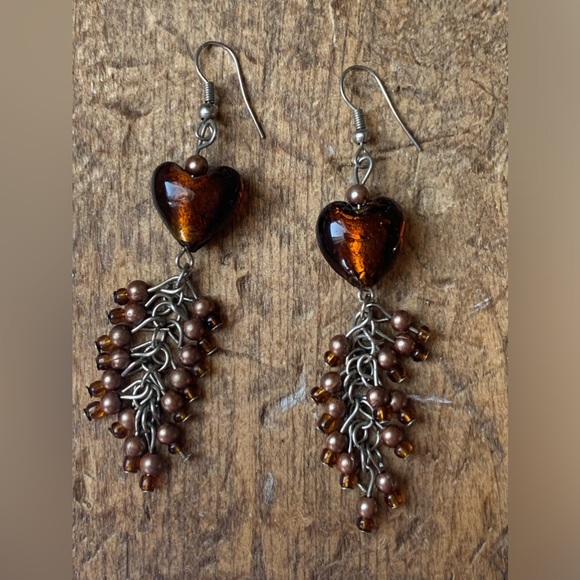 Amber Glass Heart & Glass Bead Cluster Dangle Pierced Earring Woman’s Jewelry - Picture 1 of 11